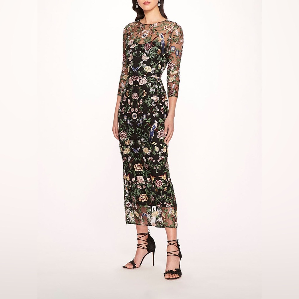 Marchesa Notte NEW Long Botanical Floral Embroidered Midi Maxi Dress Size 6 - Picture 1 of 16